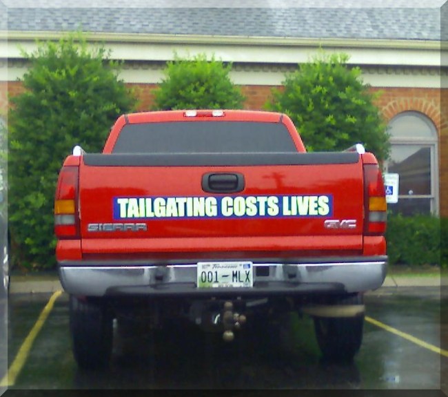Tailgating Costs Lives by Flickr User Max aka landotter, CC License = Attribution, Noncommercial