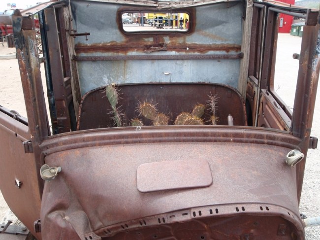 Desert wreck with cactus for seats by Crystal A Murray. Taken 05-17-2010 in Seligman, Arizona, CC License = Attribution, Noncommercial, Share Alike