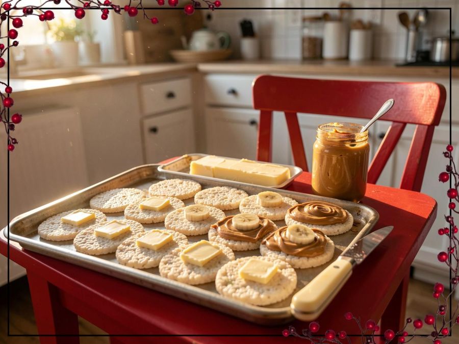 A tray with only thin mini rice cakes. Half are spread with butter, and half are spread with peanut butter and a small slice of banana. A butter tray, a jar of peanut butter with a spoon in it. and butter knife sit at the edge of tray. Both are sitting on a small red snack table with one red chair in a cute farmhouse kitchen, but you can't see much of the kitchen because the focus is on the rice cakes and toppings. 