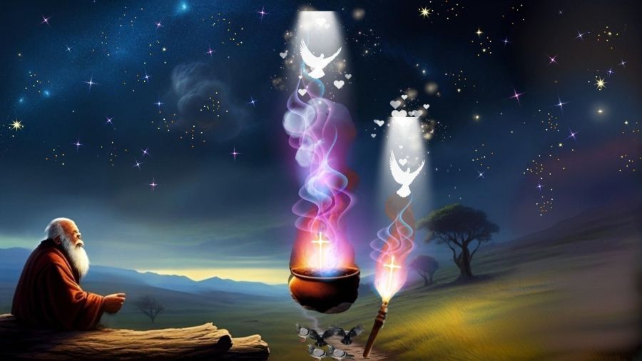 AI generated image using Wombo Dream to create a starry night sky with Abraham from the book of Genesis in the Holy Bible watching a smoking pot and a flaming torch hovering over a path with animal sacrifices. I used Photo Studio Pro to move the fires to the path and to decorate them with colorful smoke, Christian crosses, peace doves, and white hearts to represent God's love and mercy. Image is Creative Commons available with CC BY-NC-SA 