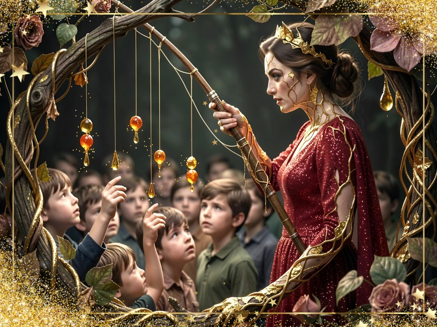 A digital image of a woman trying to lure innocent boys into danger by dangling sparkling honey over their heads. She's using a fishing rod to show she is seeking to catch prey. The scene goes with the warning from Scripture of that which seems sweet at first and turns bitter when truth is revealed. 