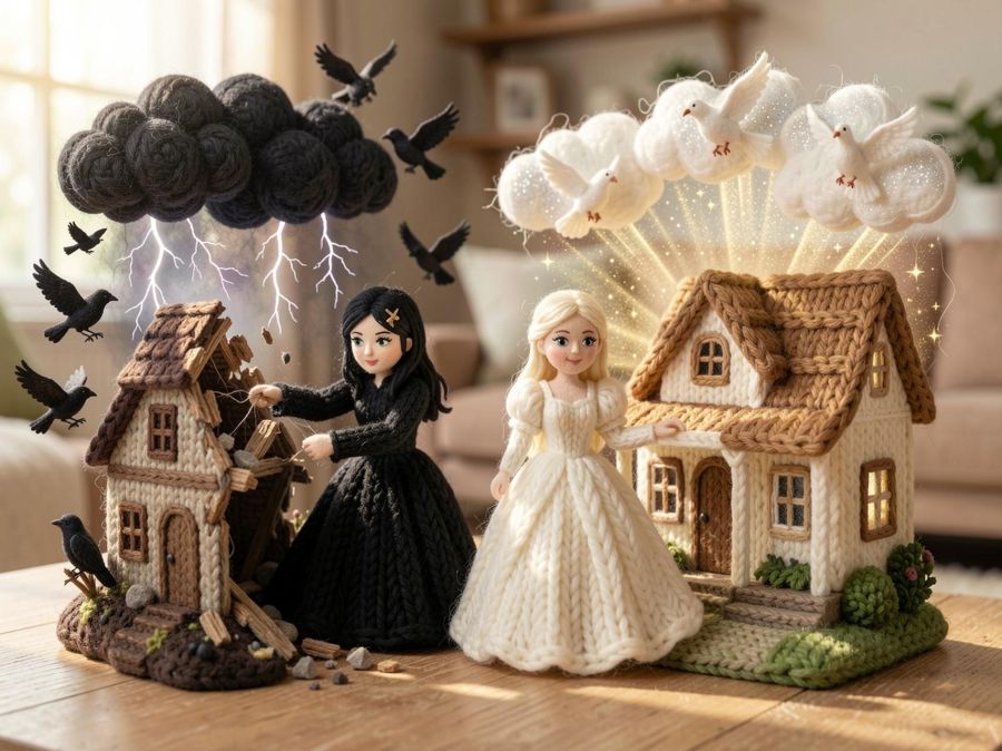 A digital image of an AI scene in knitting yarn and stitches. The scene compares a woman in black tearing down her own home and pulling threads of destruction with a woman in white standing outside a nice home with sunshine and doves above it. 