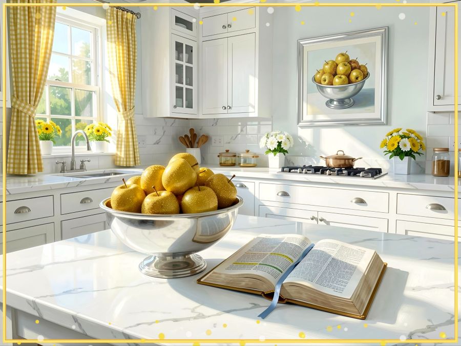 AI image generated by Wombo Dream AI of a bright and sunny farmhouse kitchen with yellow gingham curtains. The white marble table in the forefront includes an open Bible with a satin bookmark and some selective highlights on the pages. Next to the Bible is a silver bowl filled with sparkling gold apples. Around the table, the counters are decorated with yellow and white flowers and a silver-framed picture of gold apples in a silver bowl hangs on one wall.