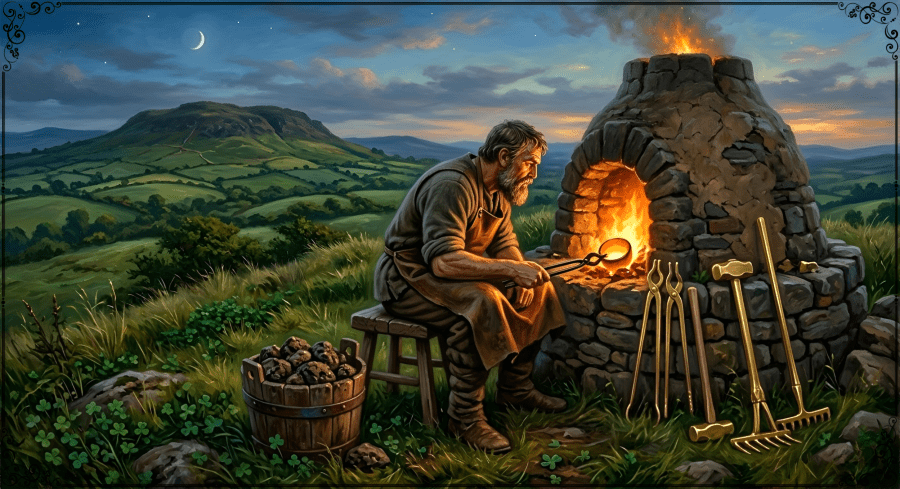A digital AI image created by Google Gemini of a hard-working silversmith sitting by a forge and watching the fire to perfect his latest piece. He has a bucket of mud-covered ore rocks that will get their turns in the furnace. The twilight around him is pleasant on the rolling Irish hillside where he prepares to work for the whole night just as God kept vigil over His people when He delivered them from Egypt in Exodus 12:42. This image represents the refining moments of God setting us free from the dross of sin and shaping us into what He created us to be. 