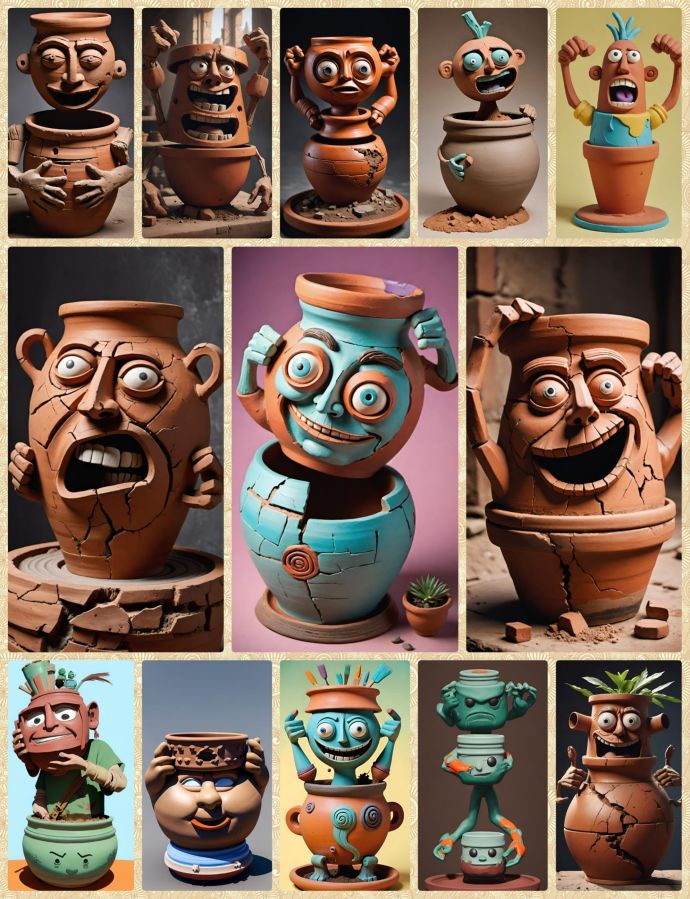A collage of images designed in Wombo Dream AI with prompts about a clay vessel that tries to design itself and has a lot of disastrous, albeit funny, results. The image supports the Scriptures in both Proverbs 22:2 and Isaiah 64:8 along with many others. 