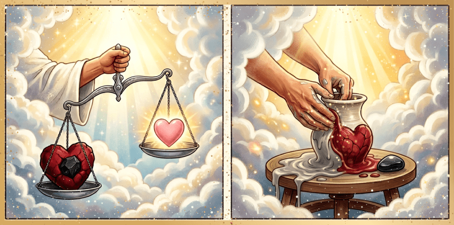 An AI generated image by Google's Gemini with a split panel visual parable. In the first panel, the arm of God is reaching down from the heavens, framed by clouds and rays of sunshine, and He's holding a silver scale in His hands. On one side of the scale, a hardened heart, heavy with a sharp stone in the middle, is pulling the scale down. On the other scale tray, a pink heart full of life is so light it's practically floating above the scales. In the second panel, God now reaches out with two hands toward a clay vessel on a pottery wheel. He has removed the sharp and painful stone and is making the heart pliable as He incorporates into the clay vessel. This takes Proverbs 21:2 where God weighs hearts to Psalm 51 where He is asked by the Psalmist to create a clean heart in him.