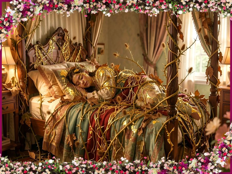 AI image created by Wombo Dream AI of a woman sleeping and trapped in thorns and thistles. She won't be able to get up and be strong when she needs to be because she's allowing herself to sleep instead of getting nourished. This applies to being nourished by God's Word and His Holy Spirit just as it does in not taking care of ourselves and the things in our lives. 