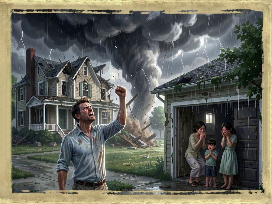 A man whose home has just been destroyed by a huge tornado, but who has made it out of danger with his family, stands at a distance from his crying family and shakes his fist at the heavens. He blames God for his loss instead of thanking Him for the lives of his family and himself. This is like the raging fool in Proverbs 19:3.