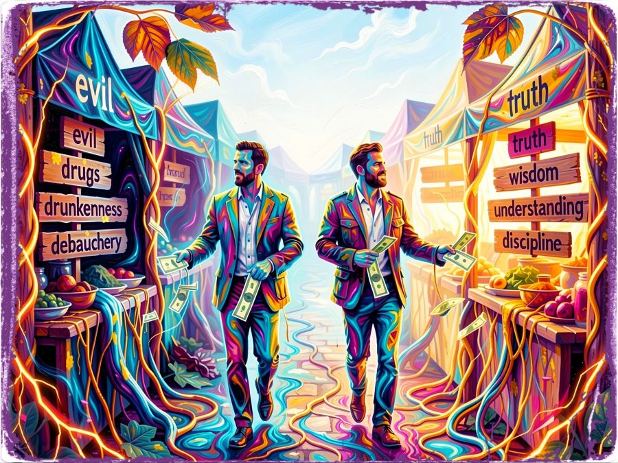 A digital image created by Wombo Dream AI of 2 men in a marketplace row. They have lots of money they are looking to spend and 2 sides to choose from. The dark stalls sell evil things like drunkenness, drugs, and debauchery. The light stalls sell truth, wisdom, understanding, and discipline. The Scripture in Proverbs 23:23 says to buy the truth and the wisdom of charter 23 mentions the value of truth over silver and gold. The image is bright and colorful with an abstract filter to show this truth belongs to all people. It's combined with the botanical filter to represent life. 