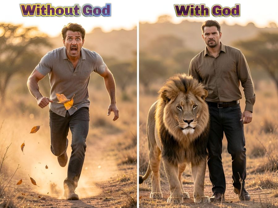 A digital, 2-panel image created by Wombo Dream AI. It shows a man in the first panel running in terror from skittering leaves as if he's being chased by them. This lines up with the first half of Proverbs 28:1 that says “The wicked flee when no one pursues.” The panel on the right side shows man boldly standing with a huge lion by his side. It's to represent the other half of the verse that says, “but the righteous are as bold as a lion.”