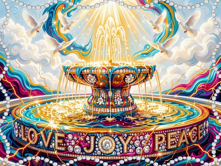A digital image created by Wombo Dream AI showing a colorful water fountain made of gold and jewels with the words ”love,” ”joy,” and ”peace” embedded in the fountain in jewels. The water is filled with gold to represent that God's blessings are worth more than silver or gold. Above the fountain, heavenly rays of sunshine and peace doves hover in fluffy white clouds. 