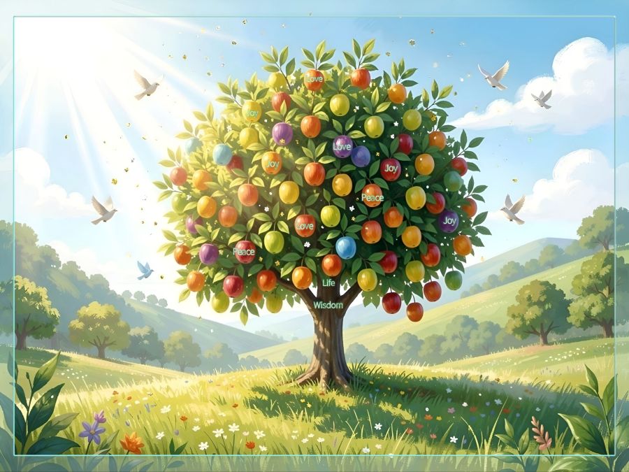 An AI generated image by Wombo Dream AI with a pastoral scene of rolling hills and a beautiful field. In the middle of the field is a colorful fruit tree bearing many different colors of tasty-looking fruit. Some of them are labeled with words like love, joy, and peace. The tree is labeled life and wisdom.