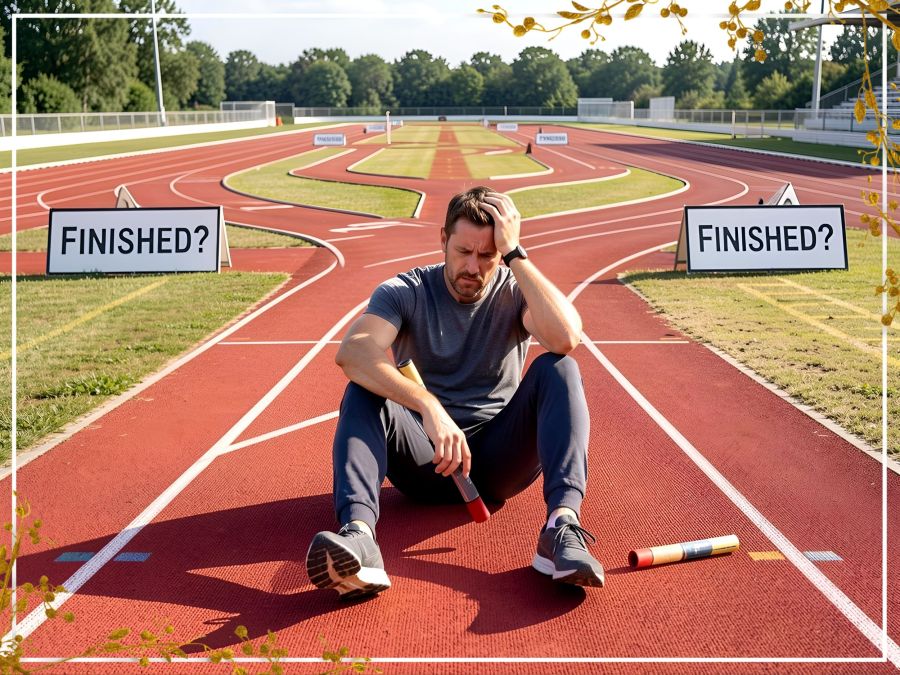 Digital image created by Wombo Dream AI of a runner who has given up, thrown down the baton, and sat on the racetrack with his head in his hands. The track, or many tracks in this case, go all over the place and there is no finish line. To make matters worse, there are signs all along the tracks that say, ”Finished?”
