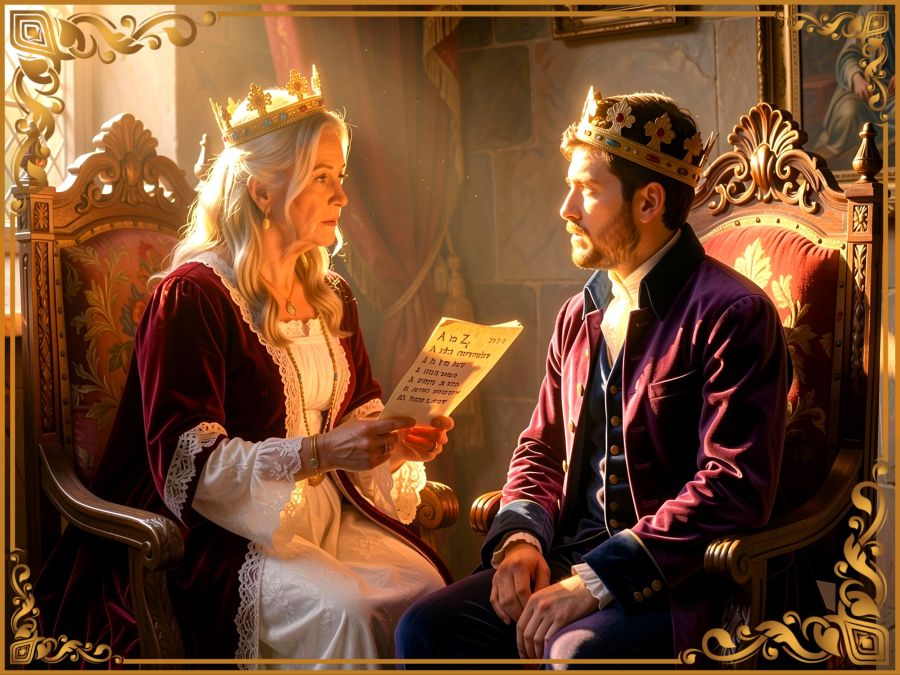 A digital image created by Wombo Dream AI of a queen mother talking to her son about his future kingship and the woman he should choose for his own queen. She has a paper with both A to Z and some Hebrew letters on it to represent the acrostic in Proverbs 31. They are both dressed in royal velvet. The mother wears deep red with cream lace, and the son has a blue and purple velvet suit.