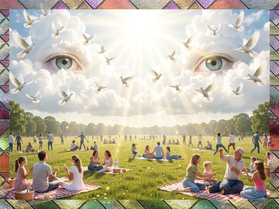 A digital AI creation by Wombo Dream of a field of people being watched from the heavens with soft eyes looking down through fluffy white clouds, rays of sunshine, and peace doves. 