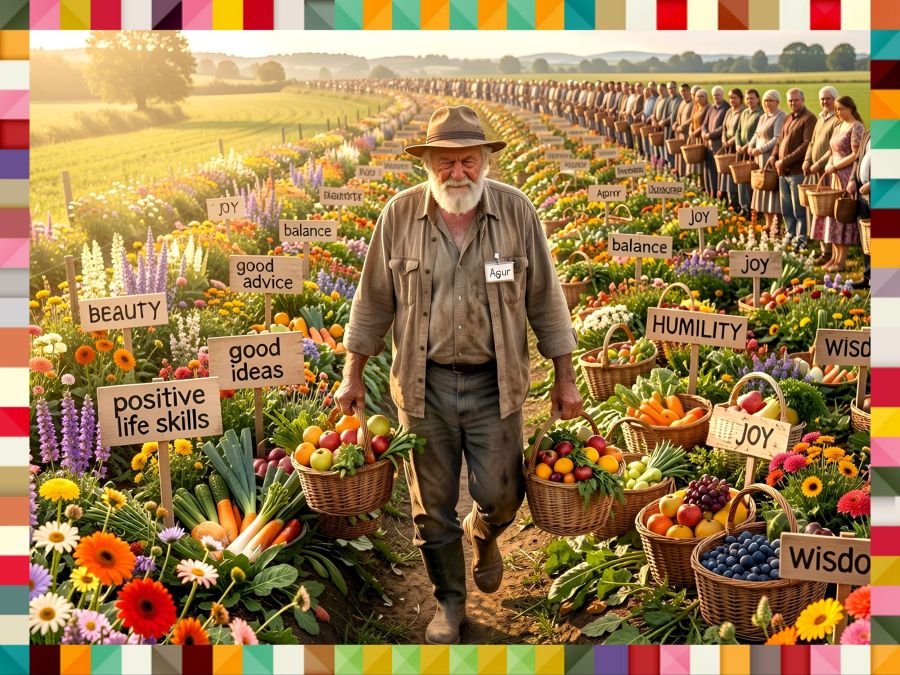 A digitally created image by Wombo Dream AI showing an older farmer with a name tag that says Agur gathering produce from a field of wisdom. The produce looks like vegetables, fruit, and flowers, but it is labeled as wisdom, humility, joy, life skills, etc. The farmer's baskets are full and he is distributing his wares to a long line of needy people holding empty baskets. The atmosphere is photo-realistic at Golden Hour and the image represents the wisdom of Proverbs in the Bible, specifically Proverbs Chapter 30 where someone called Agur (whose name means gatherer) has shared a collection of spiritual life hacks.
