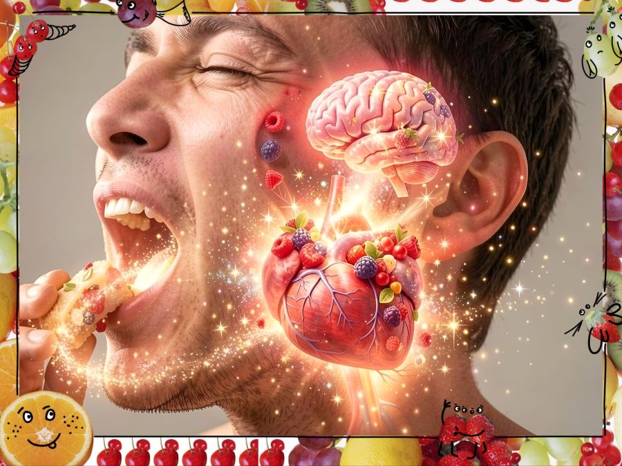 A digital image of a human feeding himself nourishing food that is filled with energy represented by bright sparkles. The sparkling energy goes from the food to his brain and heart which are located close to the neck because the Hebrew word ”nephesh” in the attached article is related to the word ”neck.” The image is framed with illustrations of smiling fruits. 