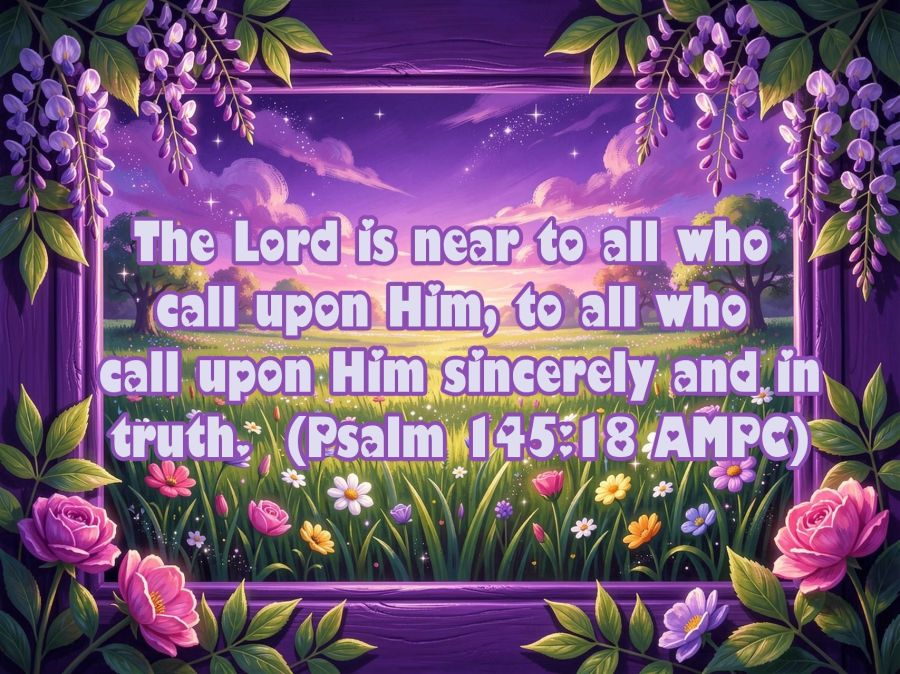 A digital image created by Wombo Dream AI of a purple hued field of grass and flowers. Over the top of the image is text from The Holy Bible that says, ”The Lord is near to all who call upon Him, to all who call upon Him sincerely and in truth.” From Psalm 145.18.AMPC.