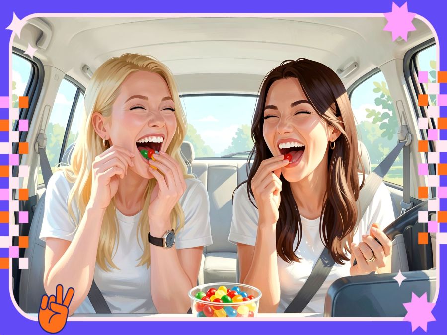 The original image created by Wombo Dream AI from the prompt: “2 women, a blond and a brunette, grown sisters, are sitting in a car eating a bunch of jelly beans and laughing like crazy. They are having a lot of fun and can hardly stop laughing. Bright atmosphere, professional photography, insanely detailed.” The image is mostly good, but it does include a disappearing steering wheel at an odd location in the car. 