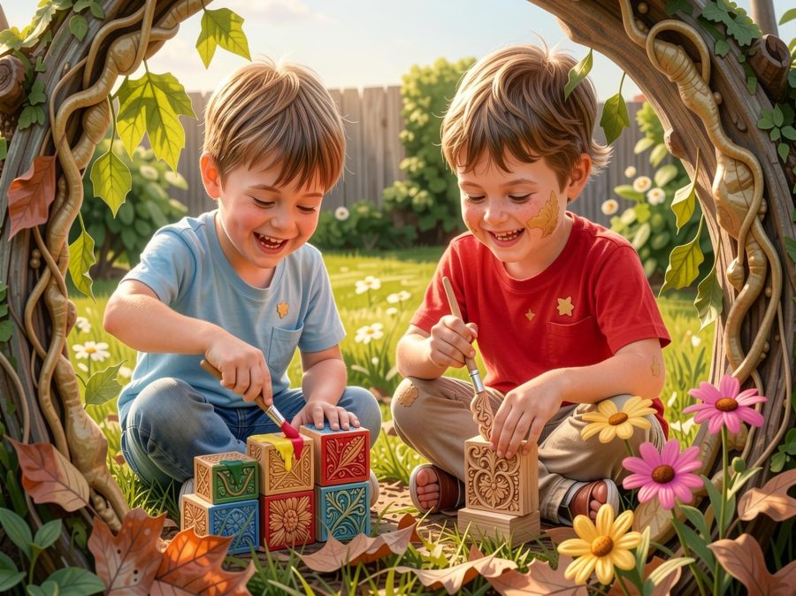 A digital image created by Wombo Dream AI with two children playing with wooden blocks. One of the children is painting the blocks, and the other is carving intricate designs into the blocks. Each has his own artistic calling, and both are happy playing with blocks together. Some of the blocks in the painter's stack appear to have been carved by the artisan already, so it's a great picture of the unity of two different types of creatures creators. 