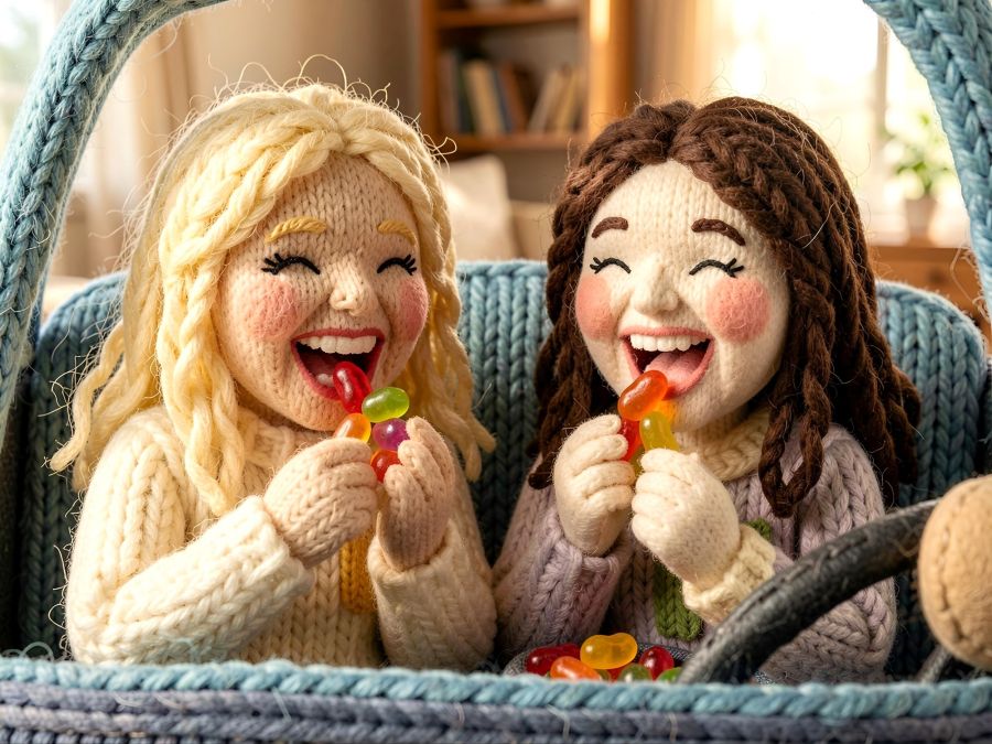 A fun image created by Wombo Dream AI using their “knitted” filter with the following prompt: 2 women, a blond and a brunette, grown sisters, are sitting in a car eating a bunch of jelly beans and laughing like crazy. They are having a lot of fun and can hardly stop laughing. Bright atmosphere, professional photography, insanely detailed. It's adorable with this filter making it look like two laughing dolls eating jelly beans. 