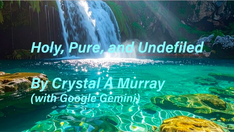 Thumbnail cover for my song Holy, Pure, and Undefiled with lyrics by me and music & vocals by Google Gemini AI. I had Adobe Express create an image of a waterfall flowing into pristine turquoise waters with sun rays causing sparkles on the water. 