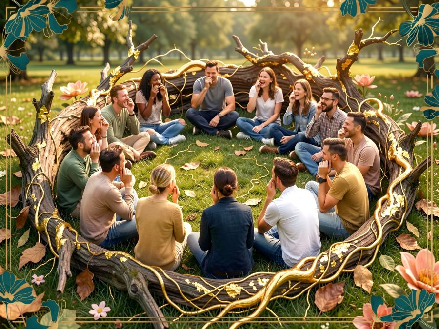 Digital image created by Wombo Dream AI with a circle of young people sitting on the grass at a park and giggling about the outcomes of the game of Telephone aka Chinese Whispers. I used the botanical filter again, so it matches the part 1 picture and looks pretty at the same time. 