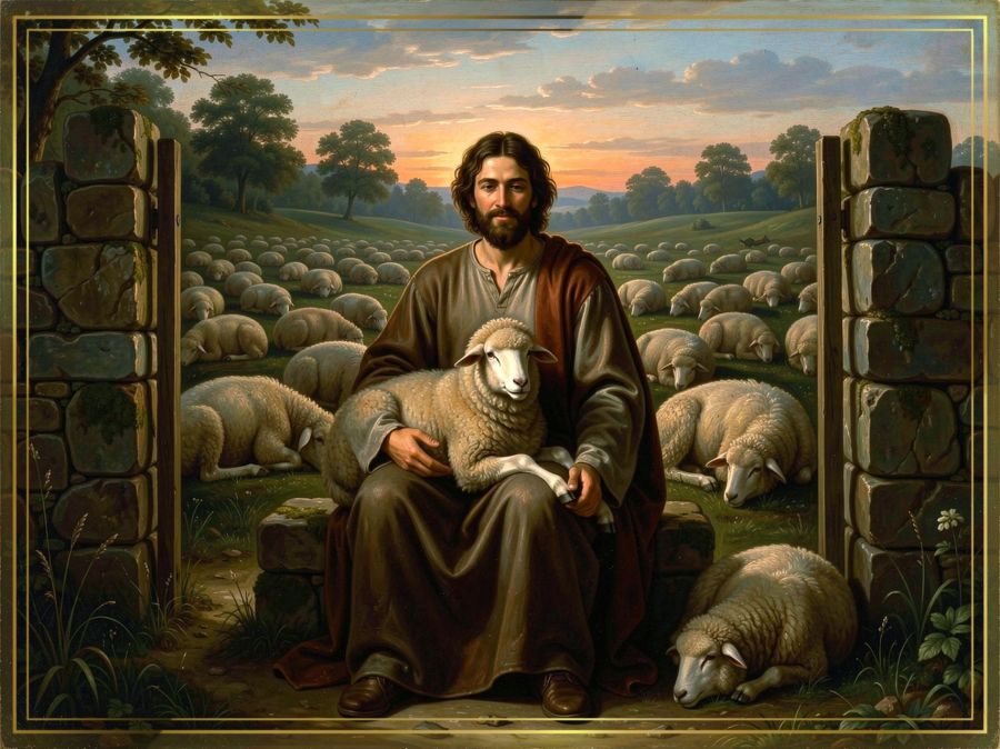 An AI image created by Wombo Dream AI using the following prompt: One sheep is lying contentedly in the lap of his shepherd (who looks a little like Jesus) and the sheep and shepherd both have peaceful looks on their faces. The shepherd sits in the opening of a stone fence and essentially becomes the gate of this pastoral field full of curled up sleeping sheep behind him. It's the twilight of the day, and the sheep are secure in knowing the shepherd is guarding the gate and protecting them from any wolves or other predators.