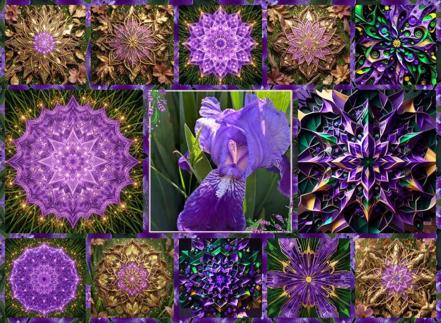 A collage of purple images designed from the one image in the center of a purple iris. The images are purple kaleidoscope mandalas with gold sparkles and green backgrounds, and the background in the collage frame is a tessellation of purple and white flower designs.
