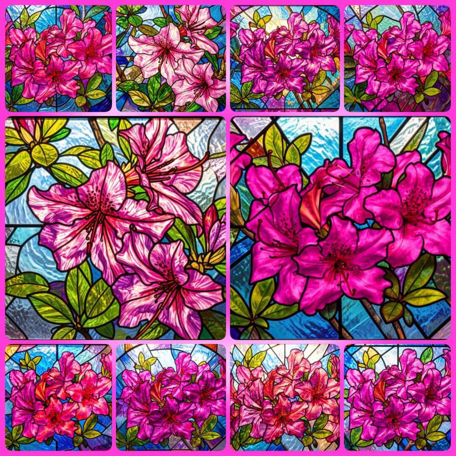 A collection of azaleas turned into digital stained glass pictures by Wombo Dream AI and then made into a collage with the Photo Studio Pro app for Android.