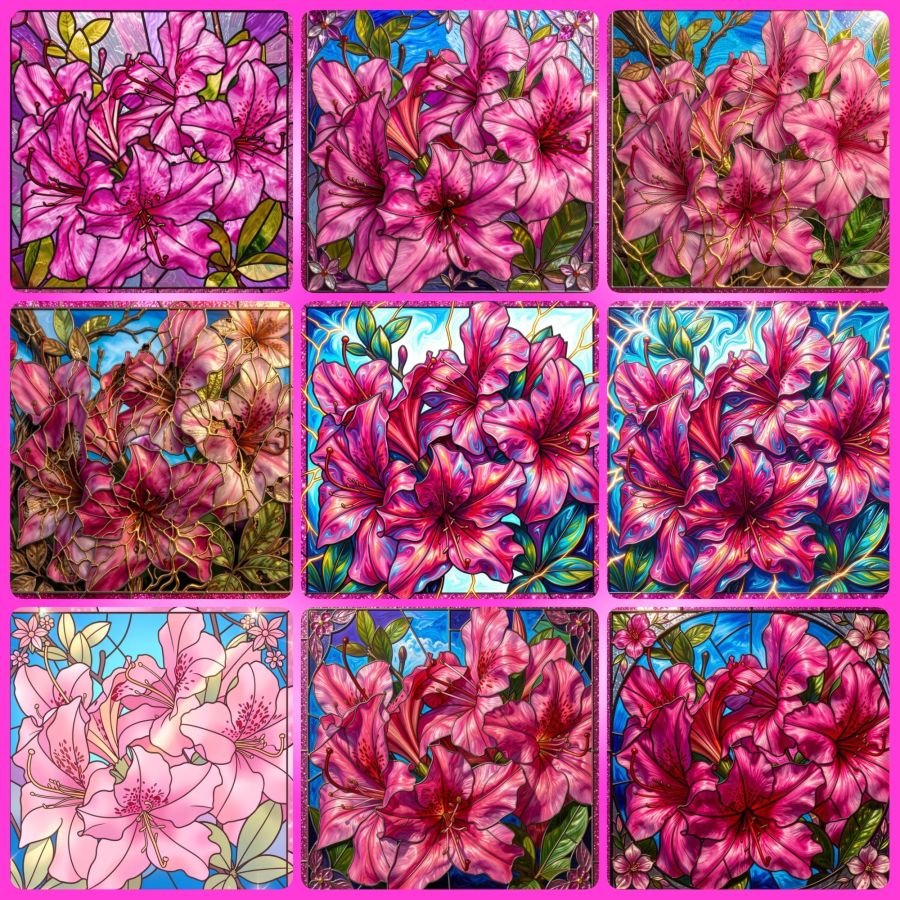 A collection of azaleas turned into digital stained glass pictures by Wombo Dream AI. These images use the newer V4 filters like “Botanical” that adds liquid gold on the flowers and leaves. Multiple images from a variety of filters were then made into a collage with the Photo Studio Pro app for Android.
