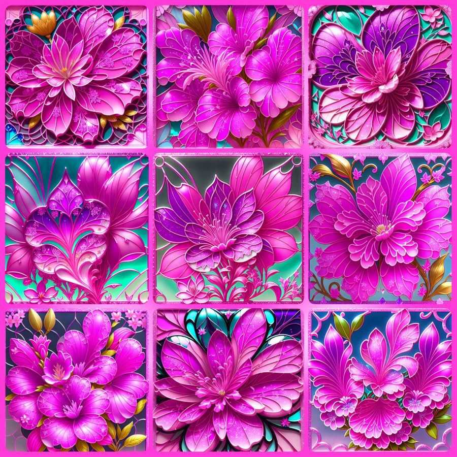 A collection of azaleas turned into abstract digital pictures by Wombo Dream AI and then made into a collage with the Photo Studio Pro app for Android.