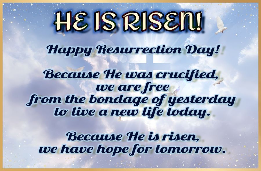 A digital image created by Wombo Dream of a cross in the clouds in a purplish-blue tint. Sun rays glow behind the cross and white peace doves fly around it. This is a background image due text that says: HE IS RISEN (in all caps) followed by ”Because He was crucified, we are free from the bondage of yesterday to live a new life today. Because He is risen, we have hope for tomorrow.”