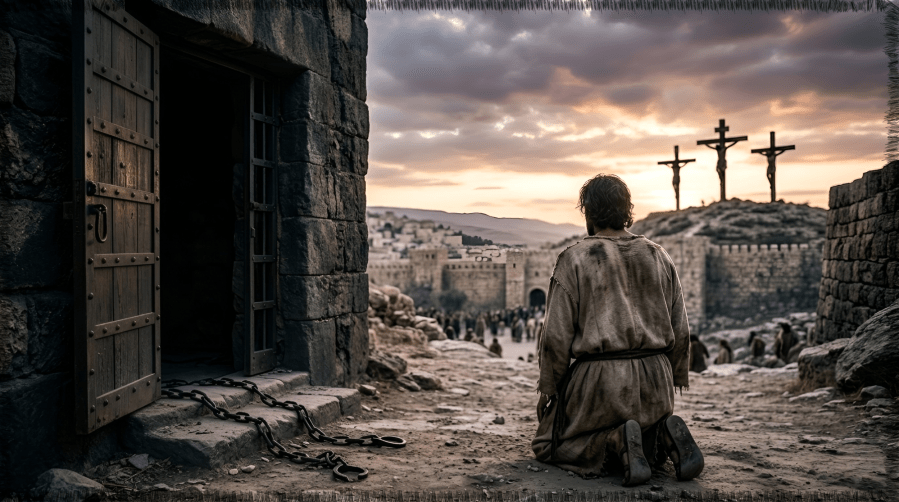 "A man, dressed in tattered robes and covered in dirt, kneels with his head dropped on the dusty path outside an open Roman prison cell. Broken iron chains lie scattered across the threshold in the foreground. He is gazing toward a distant hillside (Golgotha) in the background, where three rugged crosses are silhouetted against a dramatic, cloudy twilight sky. The image captures the emotional 'shock' of Barabbas at his unexpected release and the substitution that took place on Easter morning."