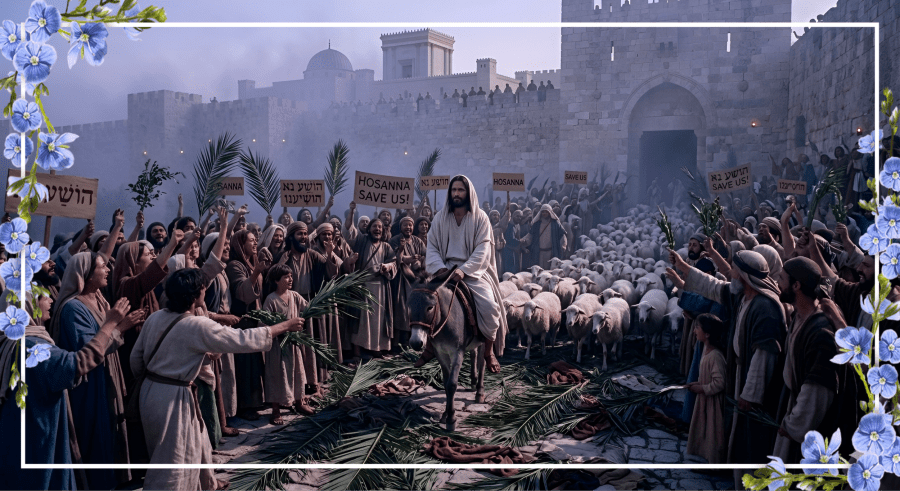 "A cinematic digital painting by Gemini AI of Jesus in white robes riding a donkey into the gates of ancient Jerusalem at twilight. A misty purple atmosphere surrounds the scene. In the foreground, people lay palm branches and cloaks on the stone road, while a massive flock of white Passover sheep follows closely behind Him. Small hand-held signs in the crowd read 'Hosanna' and 'Save Us' in English and Hebrew."