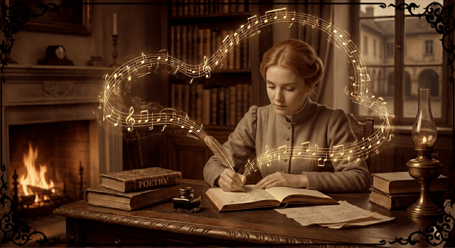 A digital image created by Google Gemini of a young female scholar writing poetry in her beautiful study. There's a fire burning in the fireplace, poetry books on her desk, and she is hard at work writing. As she writes, golden music notes stream from the nib of her ink pen and swirl around her. The whole image is in a sepia tone and has a dark gray vintage frame.
