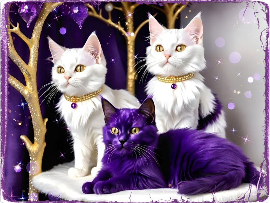A digital image created by Wombo Dream AI of 3 Kitty cats sitting together on a fluffy white pillow in a golden cat tree with purple ornaments. One cat has purple fur, and the other two are white with hints of purple mixed in. This is for a birthday of someone who likes both cats and the color purple. 