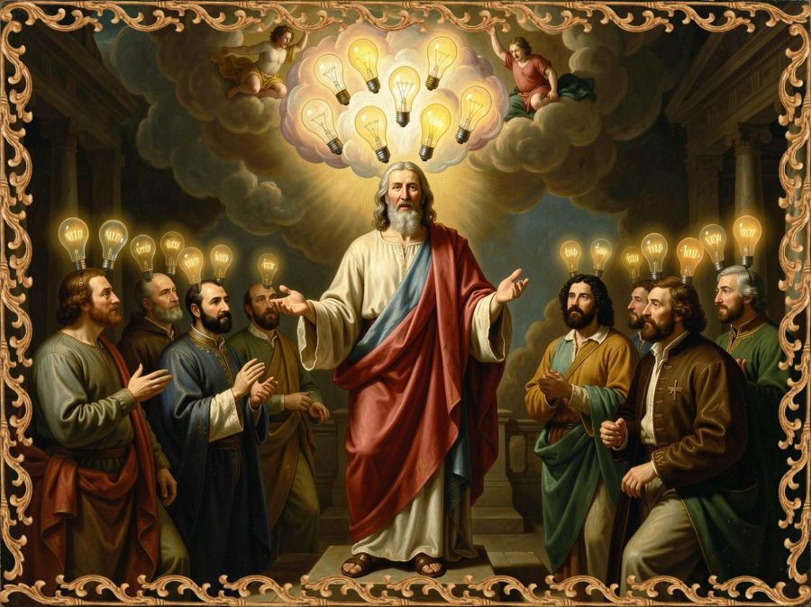 A digital image created by Wombo Dream AI of an aged Messiah representing God speaking. The heavens above Him are filled with ideas represented by lightbulbs and other designs. As He speaks, the bulbs light up over the heads of men why are listening to Him. I used the baroque filter to bring it back in time. 