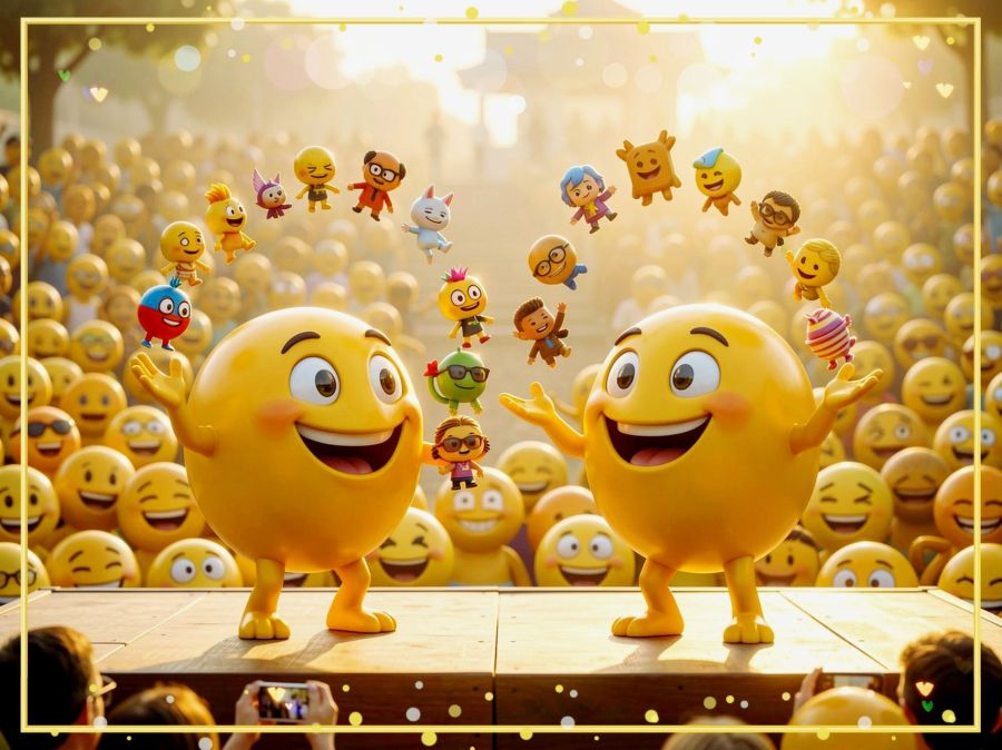 Two cute and large emoji smilies animated with legs and arms, and they are juggling a bunch of smaller emojis over their heads. Their mostly enough audience laughs heartily at their performance. Digital image created by Wombo Dream AI. 