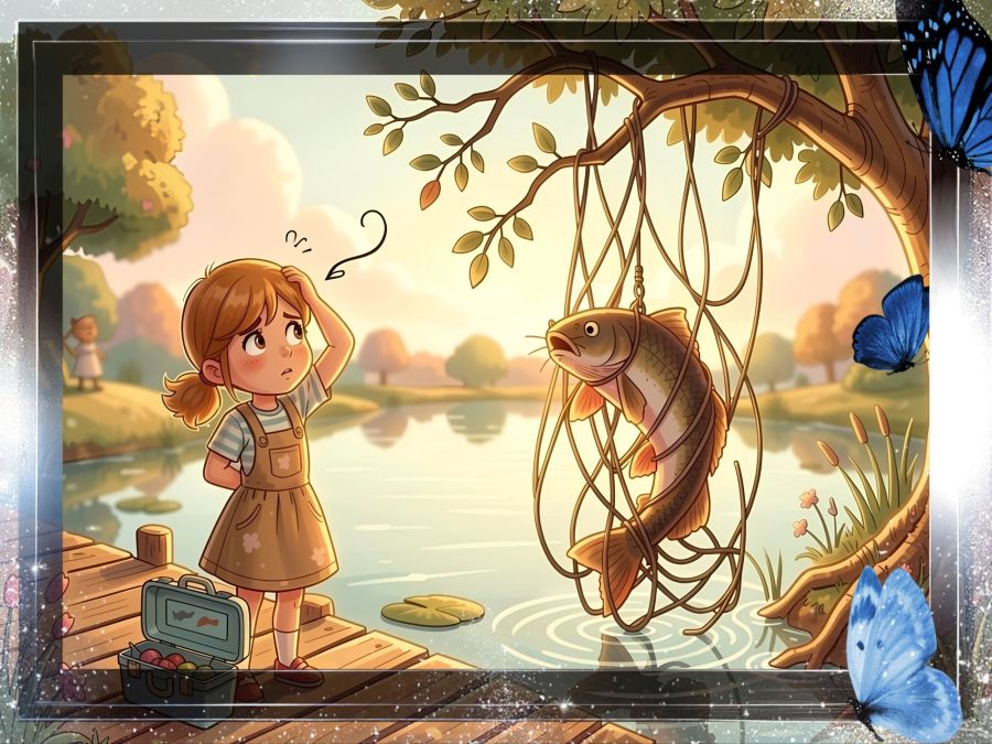 A digital image created by Wombo Dream AI of a little girl standing on a dock with a fishing tackle box. She's looking at a fish that's caught up in a tangle of fishing line and hanging in a tree. And she's scratching her head in confusion as she wonders how she'll get the fish dangling over the water and out of her reach out of the tree.This image is captured in a funny poem about the true story that inspired it. 
