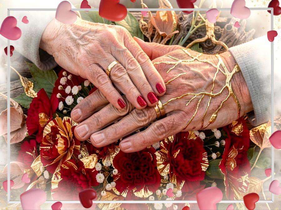 A digital image created by Wombo Dream AI using the botanical filter. The image shows two aging hands laid together over a bouquet of red carnations, some having gilded edges, mixed with white baby's breath. The hands represent an older couple still together after many years. A fuzzy white vignette makes the picture soft and pretty.