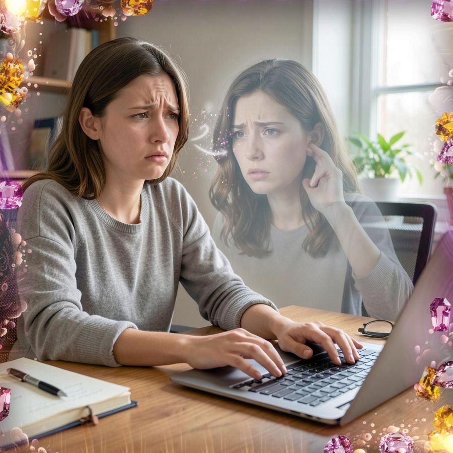 A digital image created by Wombo Dream AI of a young girl sitting at a laptop while trying to overcome writer's block. Her creative self is see-through like ghost in the room and is whispering to her to help her get typing again. 