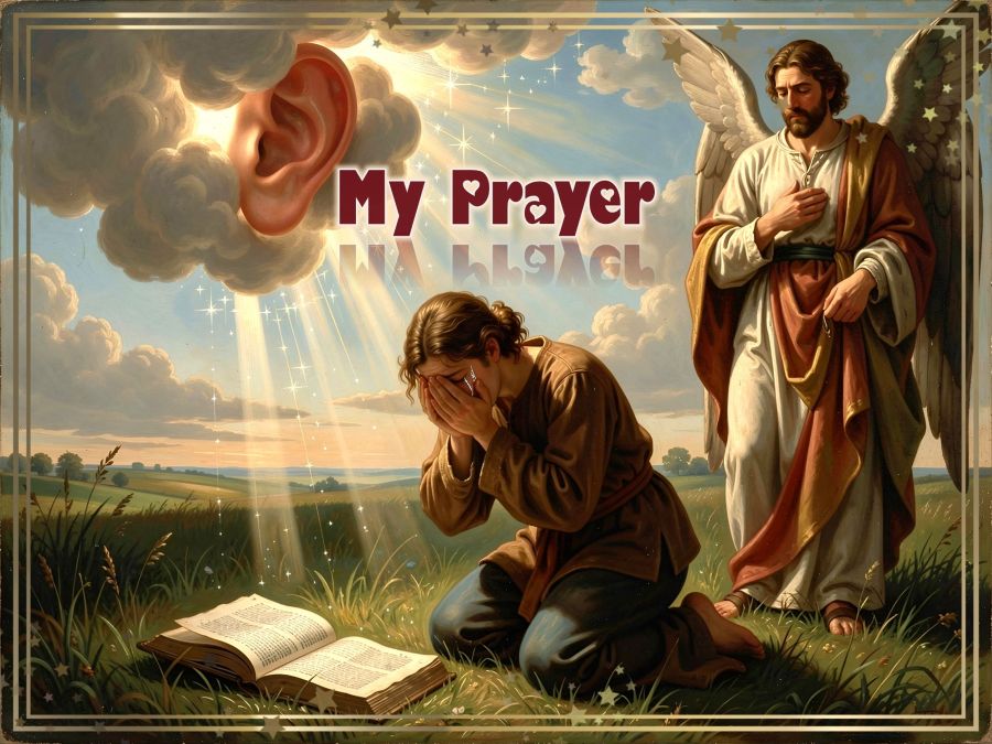 A praying person desperately seeking God while an ear in the heavens listens and an angel stands behind. The filter is a barrier baroque store style. This digital image is created by Wombo Dream AI from the following prompt: “Draw a person on their knees in a beautiful field of green grass praying and weeping as they pray. There is a large Bible open in the grass in front of them and they seem moved by the words in it. Above them, the clouds are parted with sparkling rays of sunshine streaming through and bathing both the Bible and the person praying. One cloud looks almost like an ear listening to the prayers and there is one angel near the ear and another standing behind the person praying. The angel behind the person has a strong look of compassion on his face.”