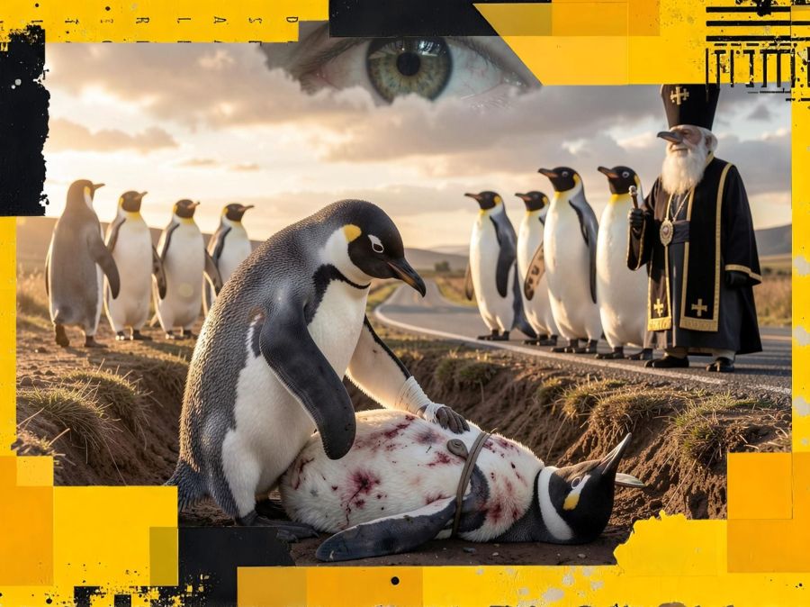 A digital image created by Wombo Dream AI with this prompt: “A penguin is lying in a ditch after being beat up and robbed, and an outcast penguin 🐧 guy is bandaging up his wounds and caring for him getting ready to carry him to the penguin hospital. Meanwhile, the rich penguins and important penguins (including an old Testament Bible priest penguin 🐧) are walking by on the other side of the road and sticking their faces in the air to ignore him. But in the clouds up high, an eye watches as and sees it all.” The penguins on the side are watching rather than walking by, but the message is still clear when seeing one penguin bandage the wounds of another penguin. The filter is “Golden Hour” and created a nice atmosphere. 