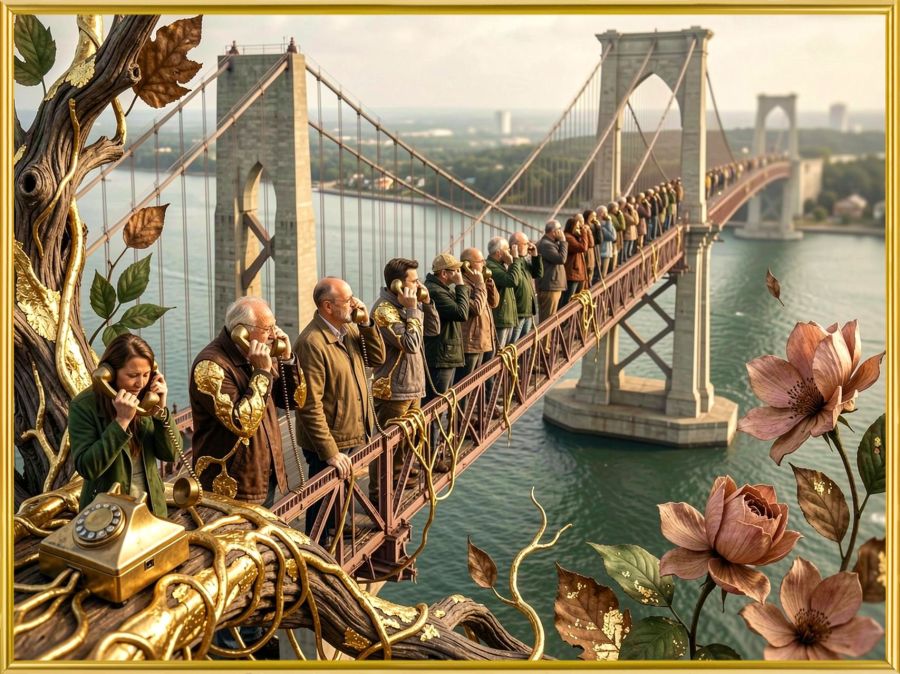 Digital image created by Wombo Dream AI of a fancy bridge, like the George Washington Bridge, lined with people all talking on old-fashioned telephones. This represents playing the old game of Telephone where whispers could get so easily misunderstood. 