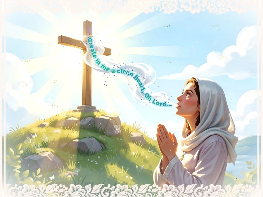 A digital image created by Wombo Dream AI. Here is the prompt I used... A praying woman is looking toward a cross on a hill with a visible long vapor of breath swirling and streaming like a satin ribbon from her mouth to the cross as she prays. The atmosphere is peaceful and yet bright with golden rays of sunshine pouring out from behind the cross. Photo-realistic HDR and beautiful atmosphere with emotional coloring to reach deep into the senses. After it's creation, I edited it to add text over the ribbon of breath. The text says, “Create in me a clean heart, Lord...”