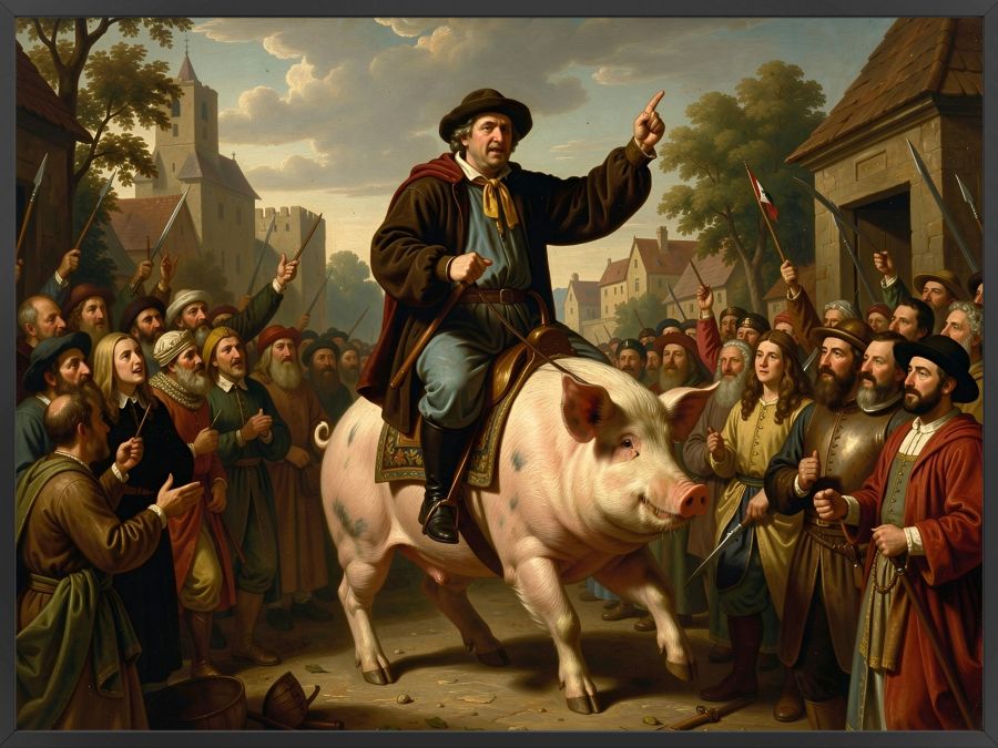 A digital image created by Wombo Dream AI of a 1500s era preacher (resembling Martin Luther) riding on the back of a pig while he yells at the crowd about their sins. This is to represent the Judensau relief Luther created in Wittenberg tri represent his extreme antisemitism. 