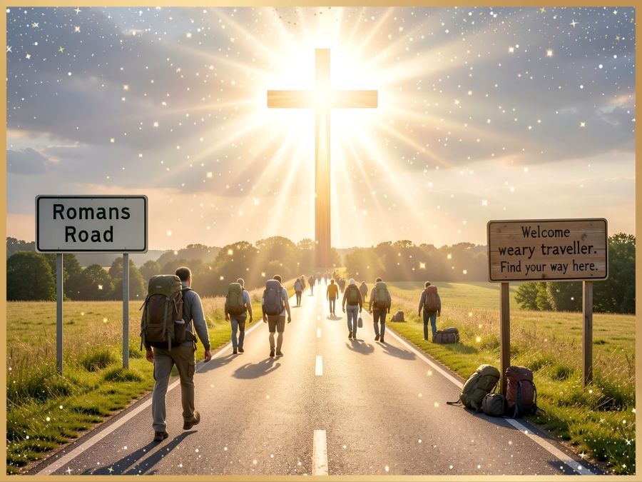 A digital image created by Wombo Dream AI of many people walking on a road named “Romans Road” and laying aside their heavy burdens as they walk toward a big cross with sunshine and sparkles. This represents the salvation Scriptures in the Bible in the book of Romans. 