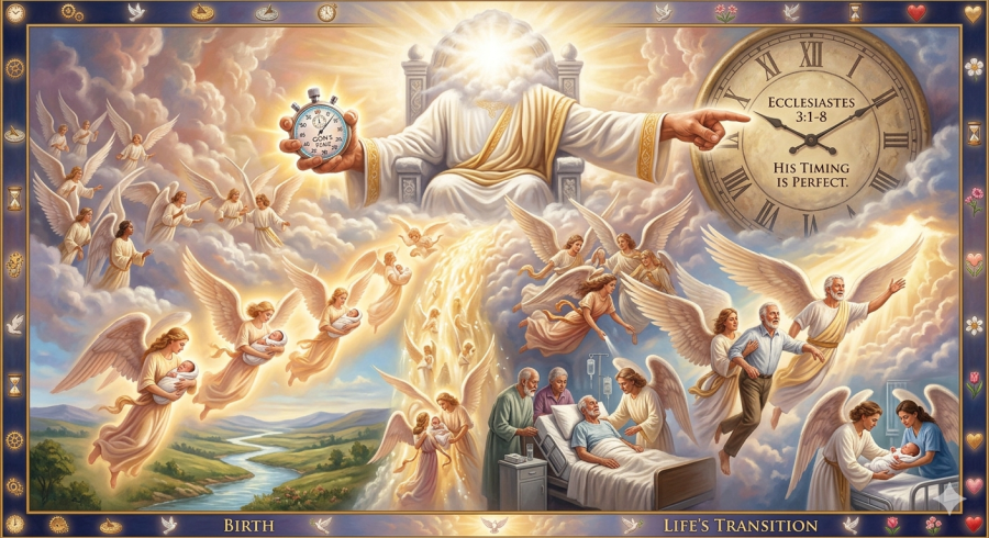 ​AI image created by Google Gemini for use in the public domain: A celestial, panoramic illustration depicting the divine cycle of life and the sovereignty of time. In the upper center, a majestic God figure sits on a throne, His face veiled by a radiant glow and soft clouds. He holds a silver stopwatch in His left hand and points toward a massive, ornate wall clock with His right, signifying divine timing. Surrounding Him, golden-winged angels carry out sacred tasks: on the left, angels gently descend toward Earth carrying newborn infants; on the right, angels assist an elderly man as he rises from a hospital bed, transitioning from frailty to a state of youthful strength and peace as he enters a light-filled heavenly realm. The art style is ethereal and classical, emphasizing comfort and the orderly beauty of life’s beginning and end.