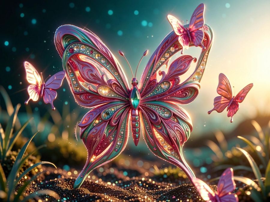 A digital image created by Wombo Dream AI of a beautiful metallic turquoise and pink butterfly filled with sparkling jewels and perched on sparkling sands at Golden Hour. 